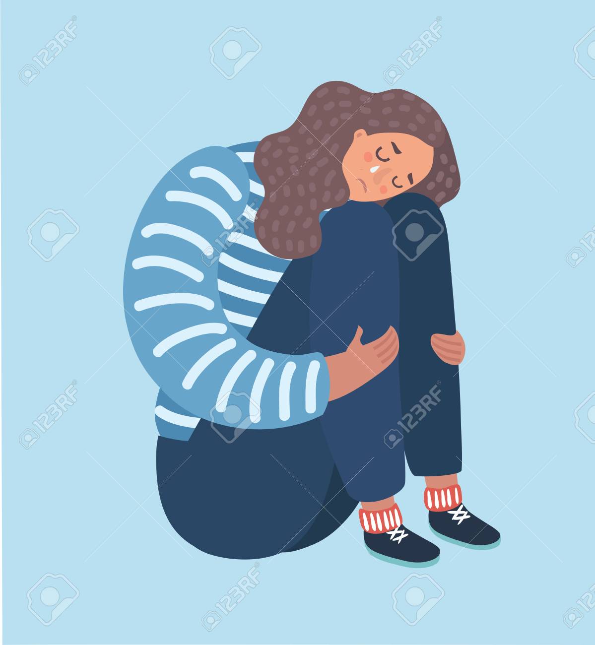 Vector cartoon illustration of sad girl sitting and unhappily hugging her knees and cry. Woman in depression. - 97632993 Vector cartoon illustration of sad girl sitting and unhappily hugging her knees and cry. Woman in depression. - 97632993