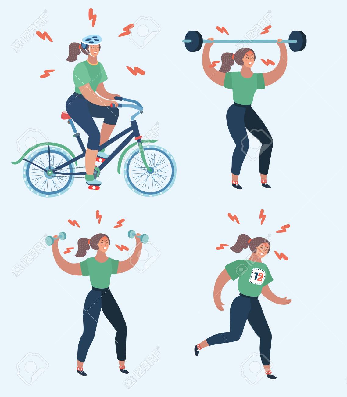 Vector cartoon illustration of hard woman workout. Annoyed woman making perfect body with the different exercise. Dumbbell, barbell, bicycle, running, anaerobic, aerobic workouts. Try to join sports. - 104548680 Vector cartoon illustration of hard woman workout. Annoyed woman making perfect body with the different exercise. Dumbbell, barbell, bicycle, running, anaerobic, aerobic workouts. Try to join sports. - 104548680