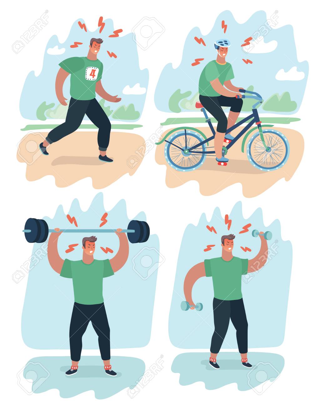 Vector Cartoon Illustration Of Man Doing Hard Exercises With Barbell And Dumbbell Riding Bike, Running At Vector Cartoon Illustration Of Man Doing Hard Exercises With Barbell And Dumbbell Riding Bike, Running At