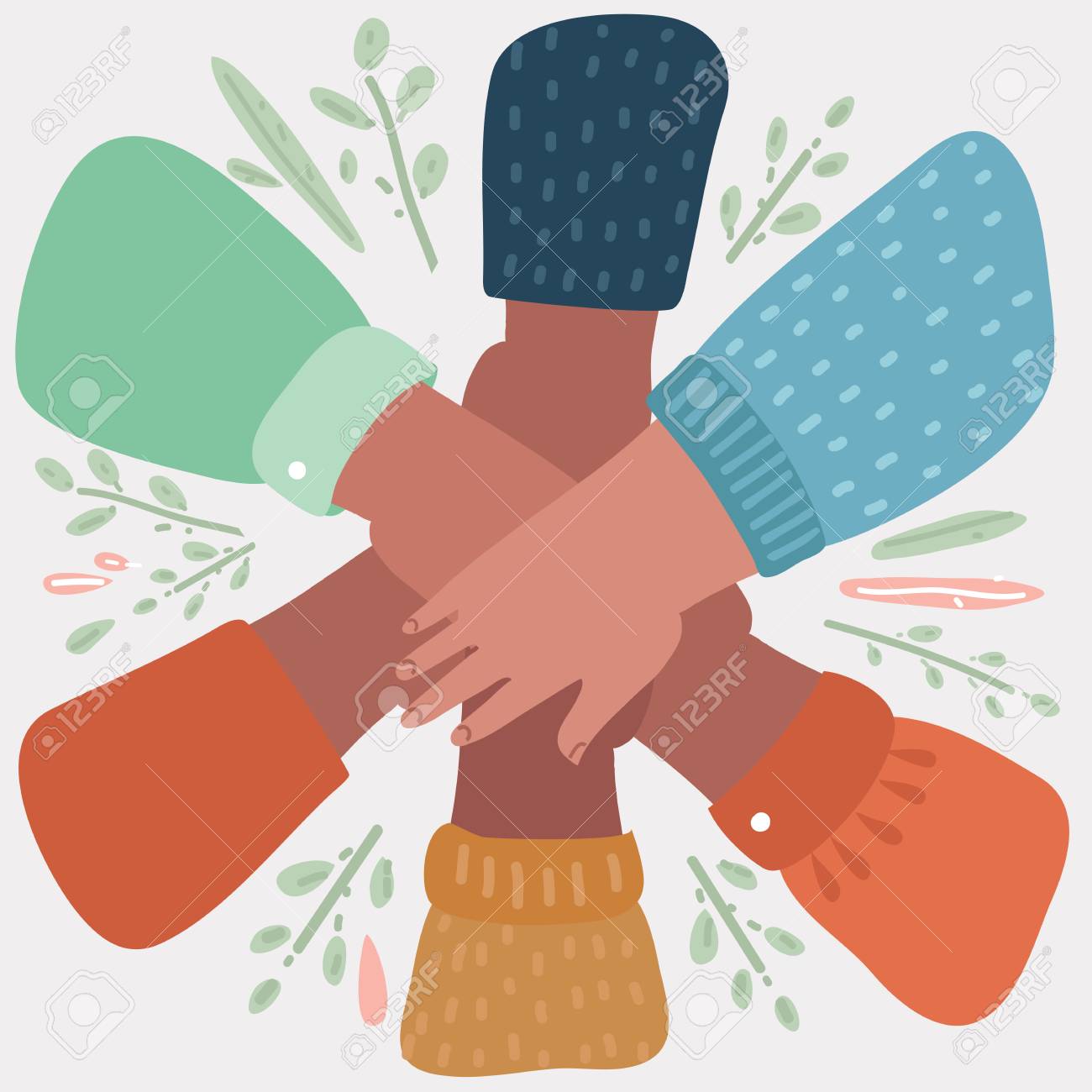 Vector Cartoon Illustration Of Teamwork Concept. Friends With Stack Of Hands Showing Unity And Teamwork, Top View. Young People Putting Their Hands Together. Object On White Bachground. Royalty Free SVG, Cliparts, Vectors, Vector Cartoon Illustration Of Teamwork Concept. Friends With Stack Of Hands Showing Unity And Teamwork, Top View. Young People Putting Their Hands Together. Object On White Bachground. Royalty Free SVG, Cliparts, Vectors,