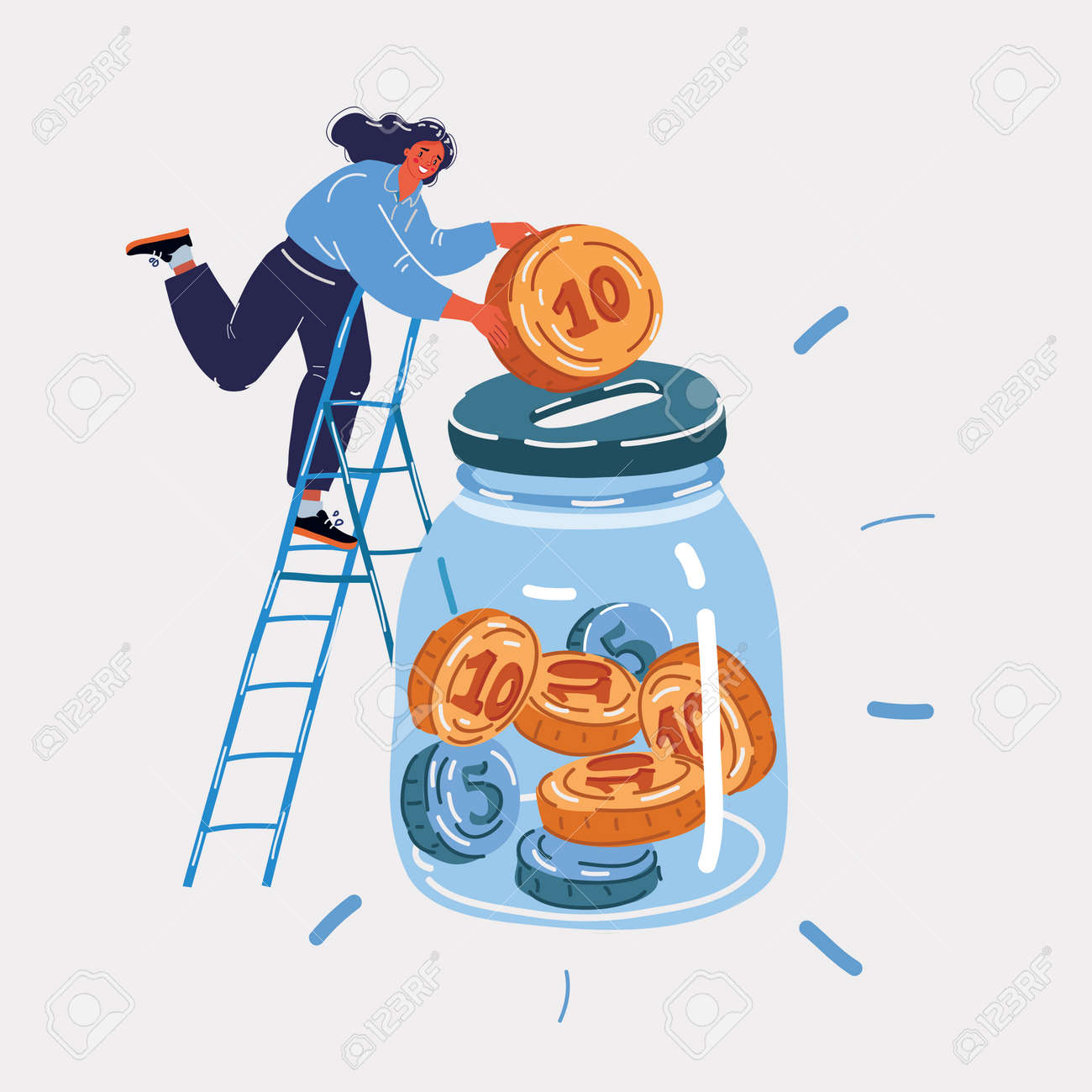 동전으로 유리병에 돈을 절약하는 여성의 벡터 그림 로열티 무료 사진, 그림, 이미지 그리고 스톡포토그래피. Image 180574098