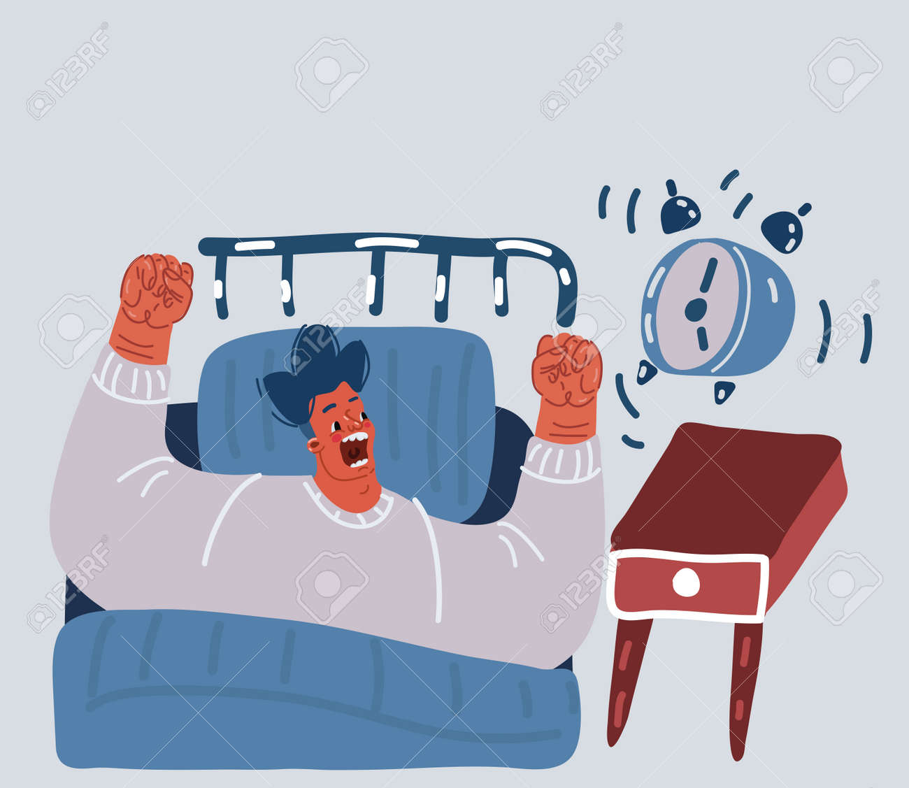 Cartoon Vector Illustration Of Man Lying In Bed Angry At Alarm Clock. Wake  Up Late At Morning. Character Is In Rush Royalty Free SVG, Cliparts,  Vectors, and Stock Illustration. Image 188634139., image size:1300x1127