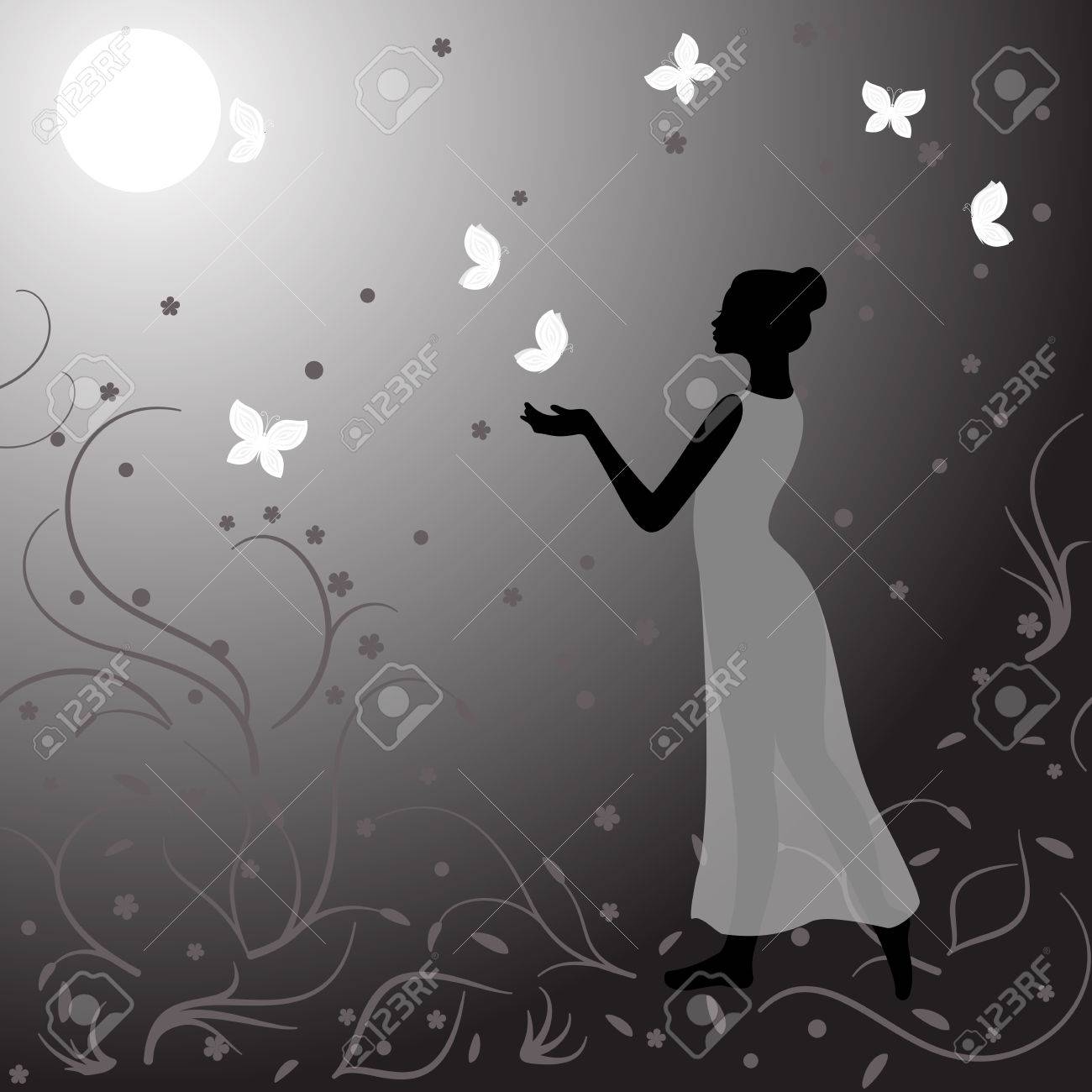 蝶と夜の薄物のドレスを着た女の子 のイラスト素材 ベクタ Image