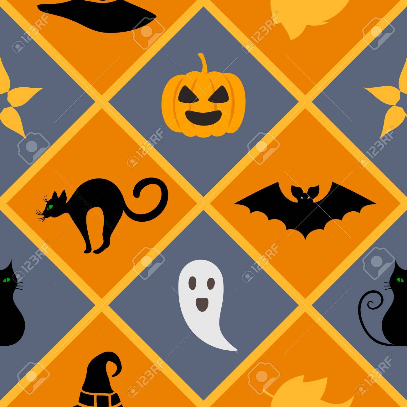 Seamless Geometric Pattern With Halloween Symbols Cat Hat Bat Ghost Leaves