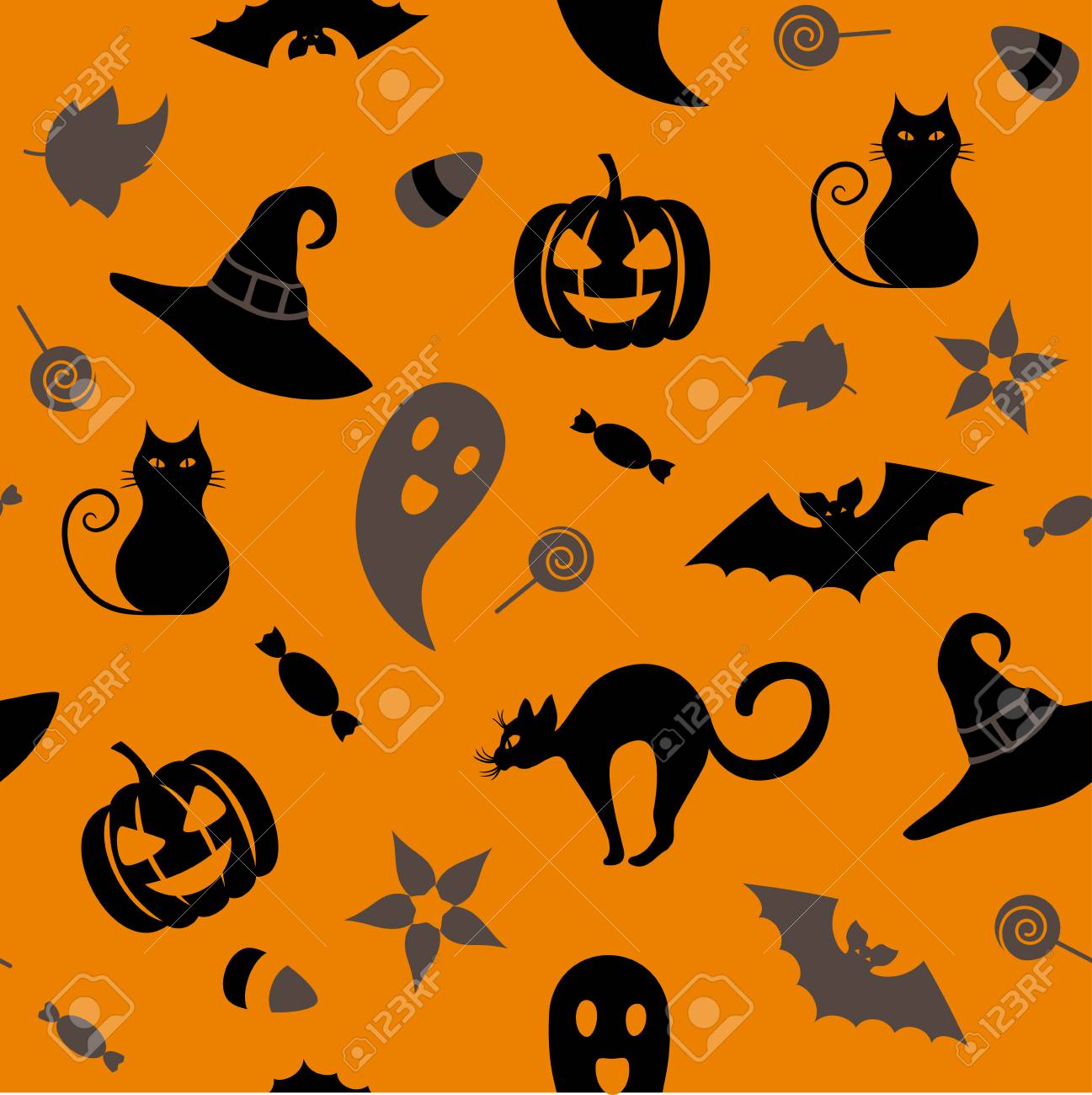 Seamless Halloween Pattern With Traditional Symbols Cat Hat Bat Ghost Leaves