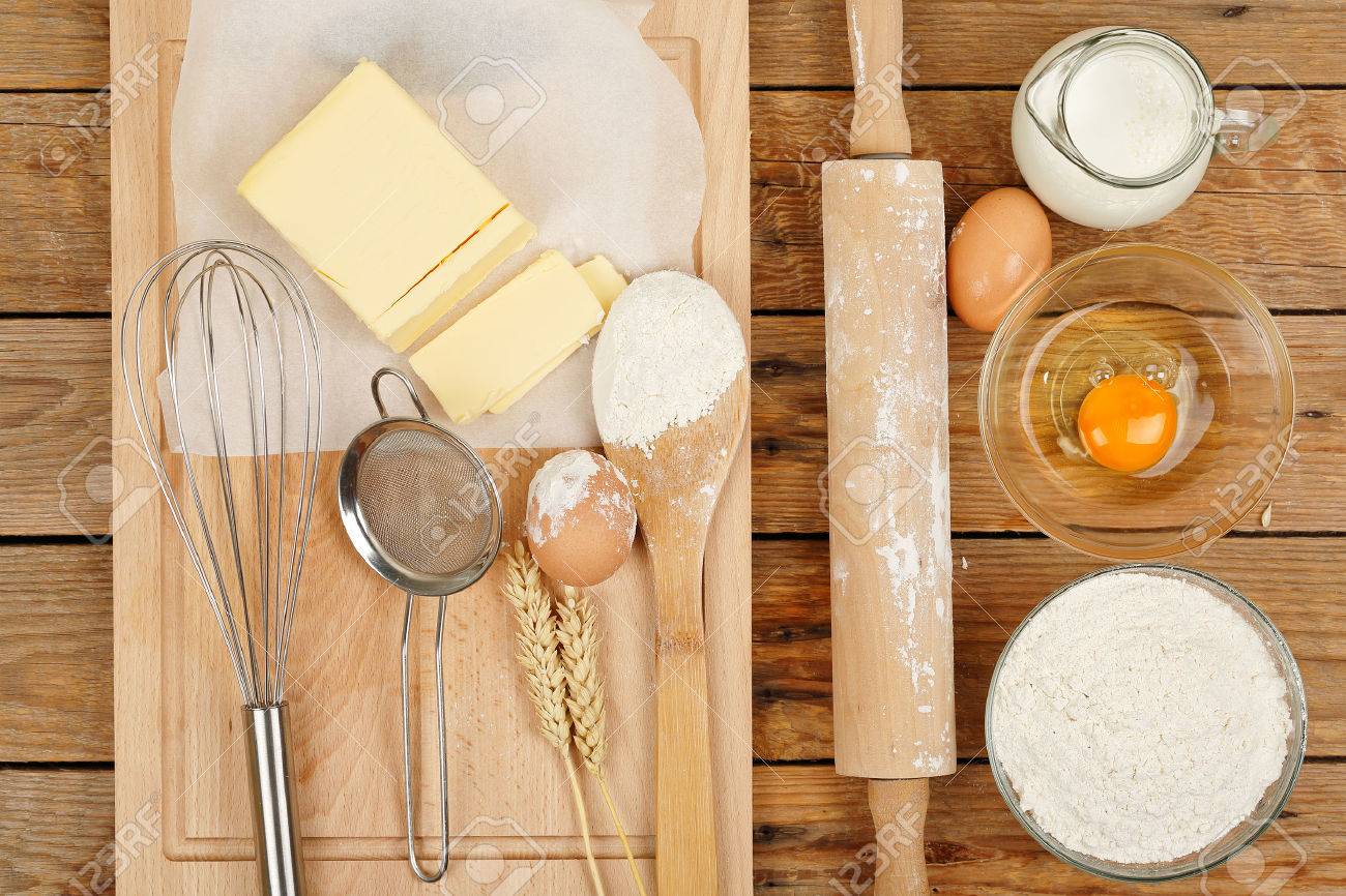 baking preparation, top view of a variety of objects on wooden planks - 36979206 baking preparation, top view of a variety of objects on wooden planks - 36979206