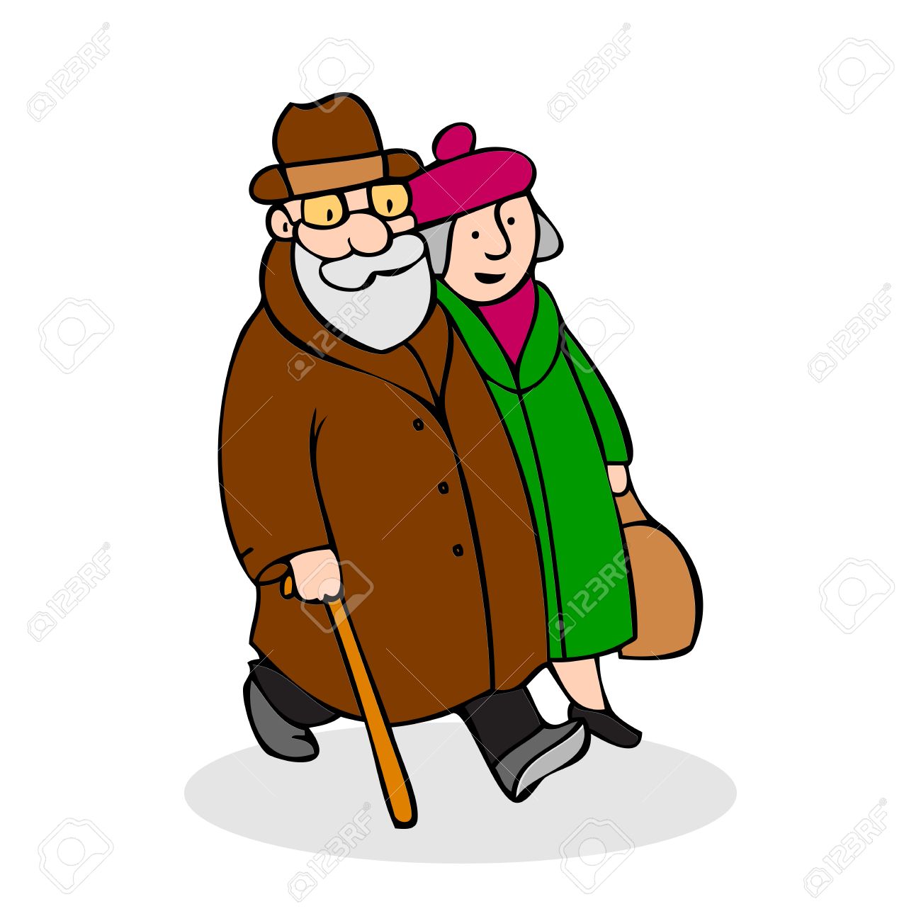 Heureux Couple De Personnes âgées Marche. Homme Plus âgé Heureux Homme En Dessin Animé Avec Chapeau Gris Et Manteau