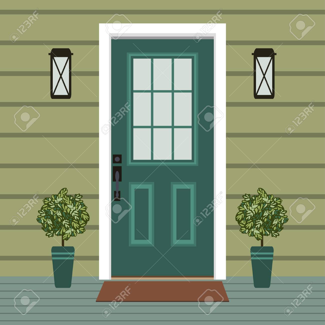 House Door Front With Doorstep And Mat Window Lamp Flowers Royalty Free Cliparts Vectors And Stock Illustration Image 114306759