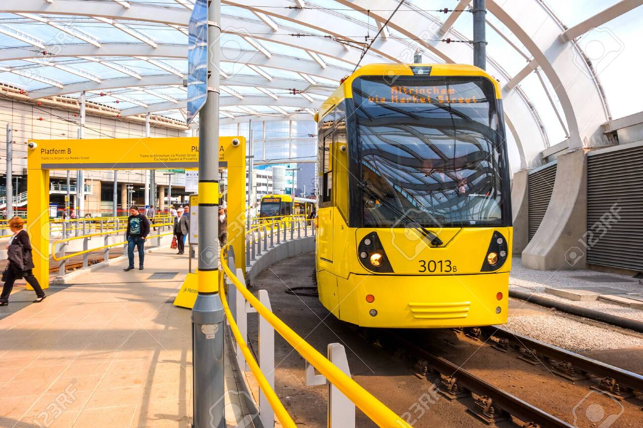 Manchester Uk May 18 2018 Light Rail Metrolink Tram In The City Center Of Manchester Uk
