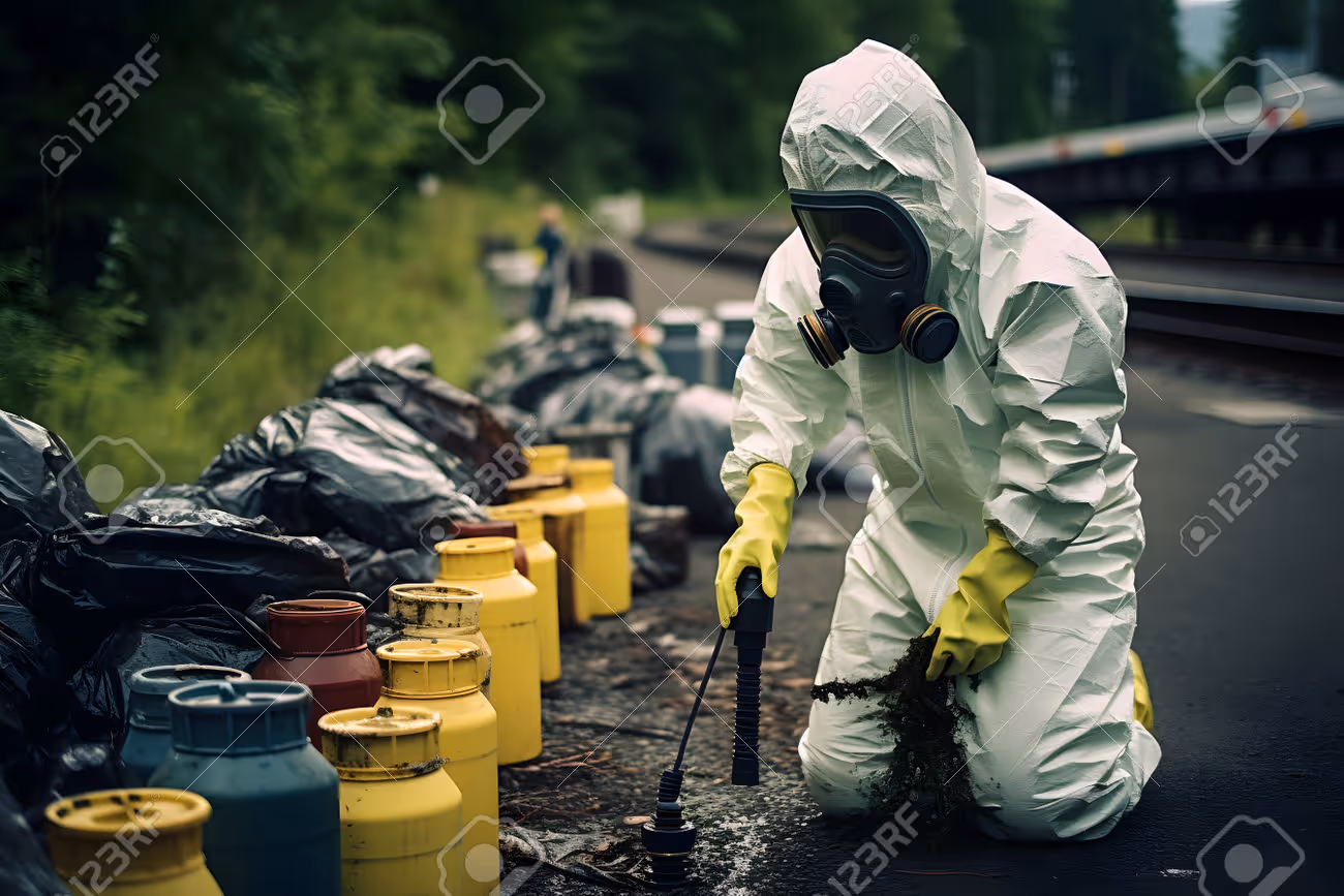 Man in biohazard suit and respirator spraying toxic waste on the road - 218879909 Man in biohazard suit and respirator spraying toxic waste on the road - 218879909