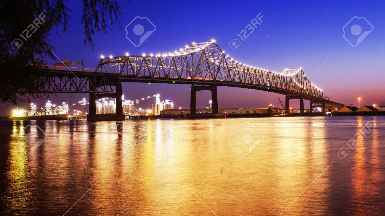 Horace Wilkinson Bridge crosses over the Mississippi River at night in Baton Rouge, Louisiana - 60966795 Horace Wilkinson Bridge crosses over the Mississippi River at night in Baton Rouge, Louisiana - 60966795