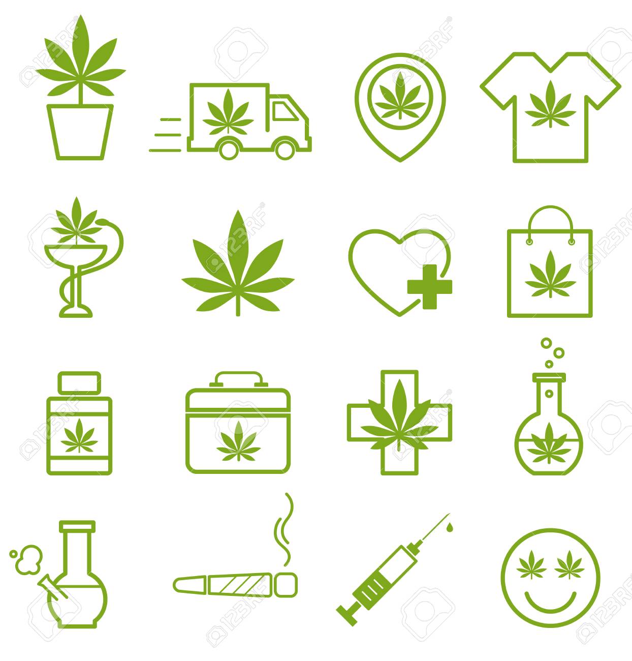 マリファナ 大麻のアイコン 医療用マリファナアイコン 葉 薬物消費と合法化孤立ベクトルイラストのセット のイラスト素材 ベクタ Image