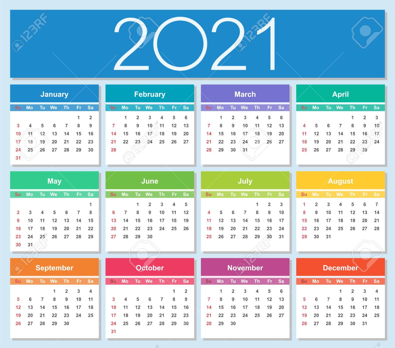 Colorful Year 21 Calendar Week Starts On Sunday Isolated Vector Illustration Royalty Free Cliparts Vectors And Stock Illustration Image