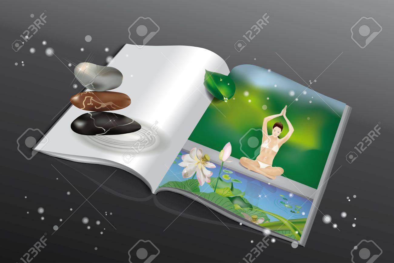石の雑誌の禅と女の子座り足の結合の湖畔にヨガの練習中に頭の上を手のイラスト素材 ベクタ Image