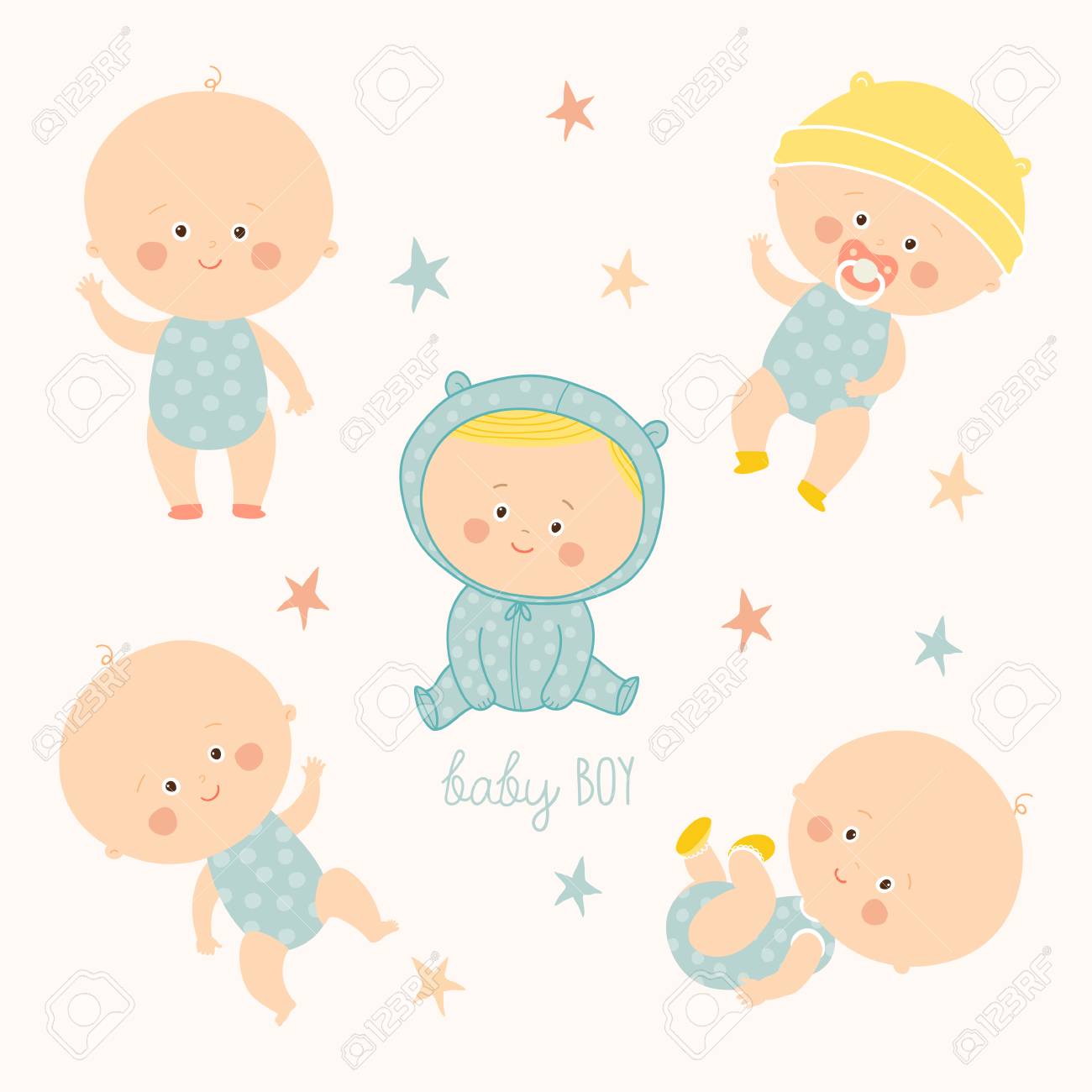 かわいい赤ちゃん男の子と設定します 新生児から幼児に成長 様々 なポーズ 最初の 1 年 活動 クロール 座って 立って 遊んで 笑って のイラスト素材 ベクタ Image