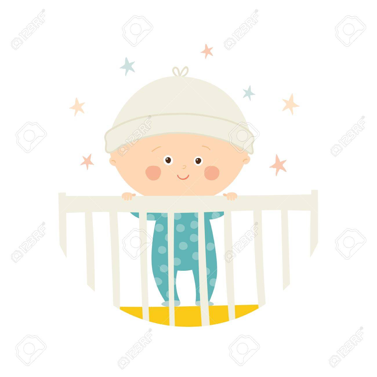 Bebe Mignon 1 An Debout Dans La Creche Element De Conception De Douche De Bebe Clip Art Libres De Droits Vecteurs Et Illustration Image