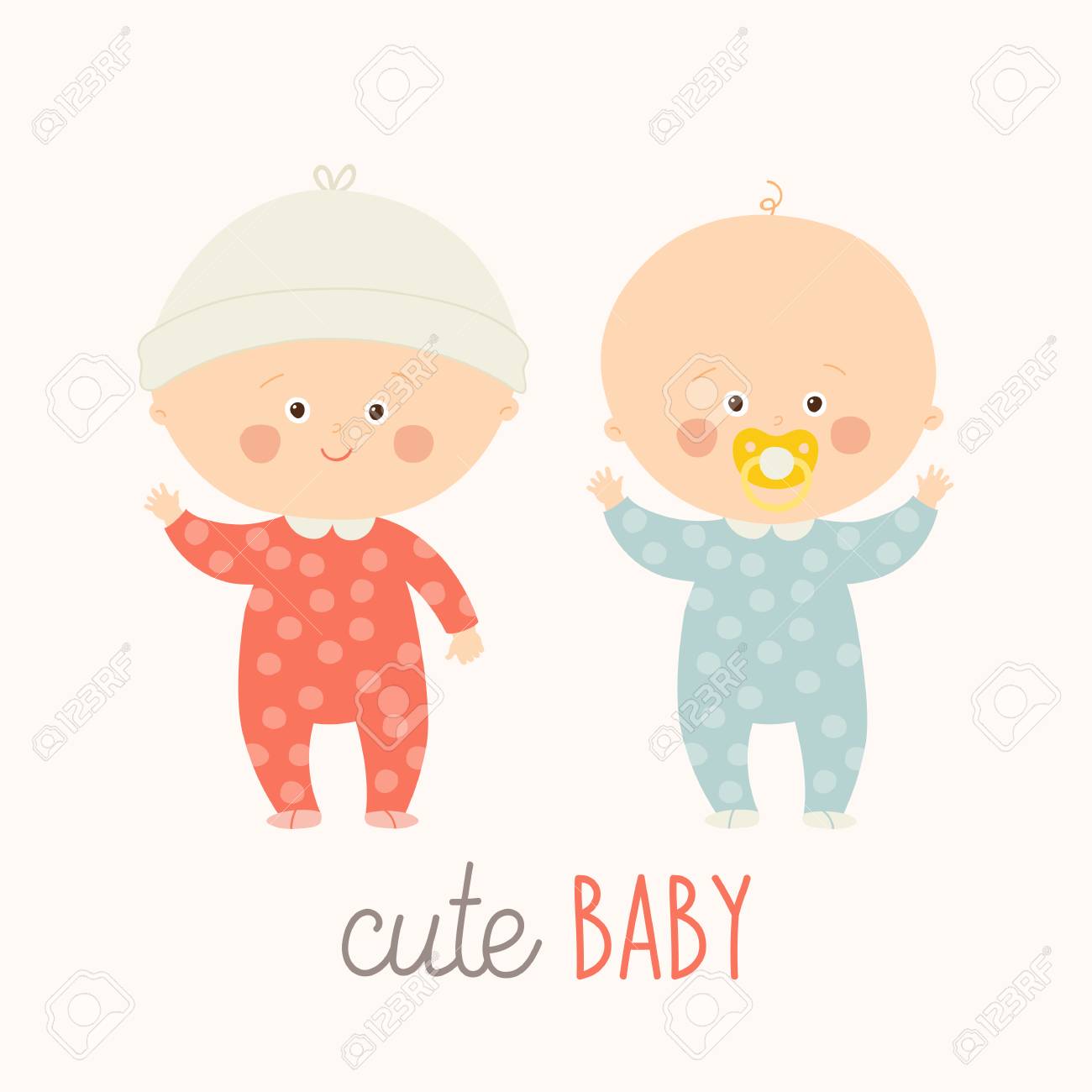 2 つのかわいい赤ちゃん赤ちゃんおしゃぶり幼児少年と少女の笑みを浮かべて立っています のイラスト素材 ベクタ Image