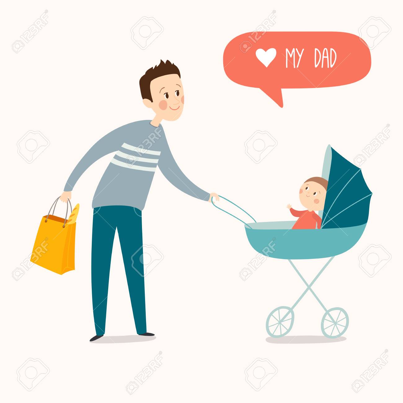 Padre con el bebé en cochecito. Padre joven empujando bebé en cochecito de niño con la botella de leche. Padre con el bebé en cochecito. Padre joven empujando bebé en cochecito de niño con la botella de leche.