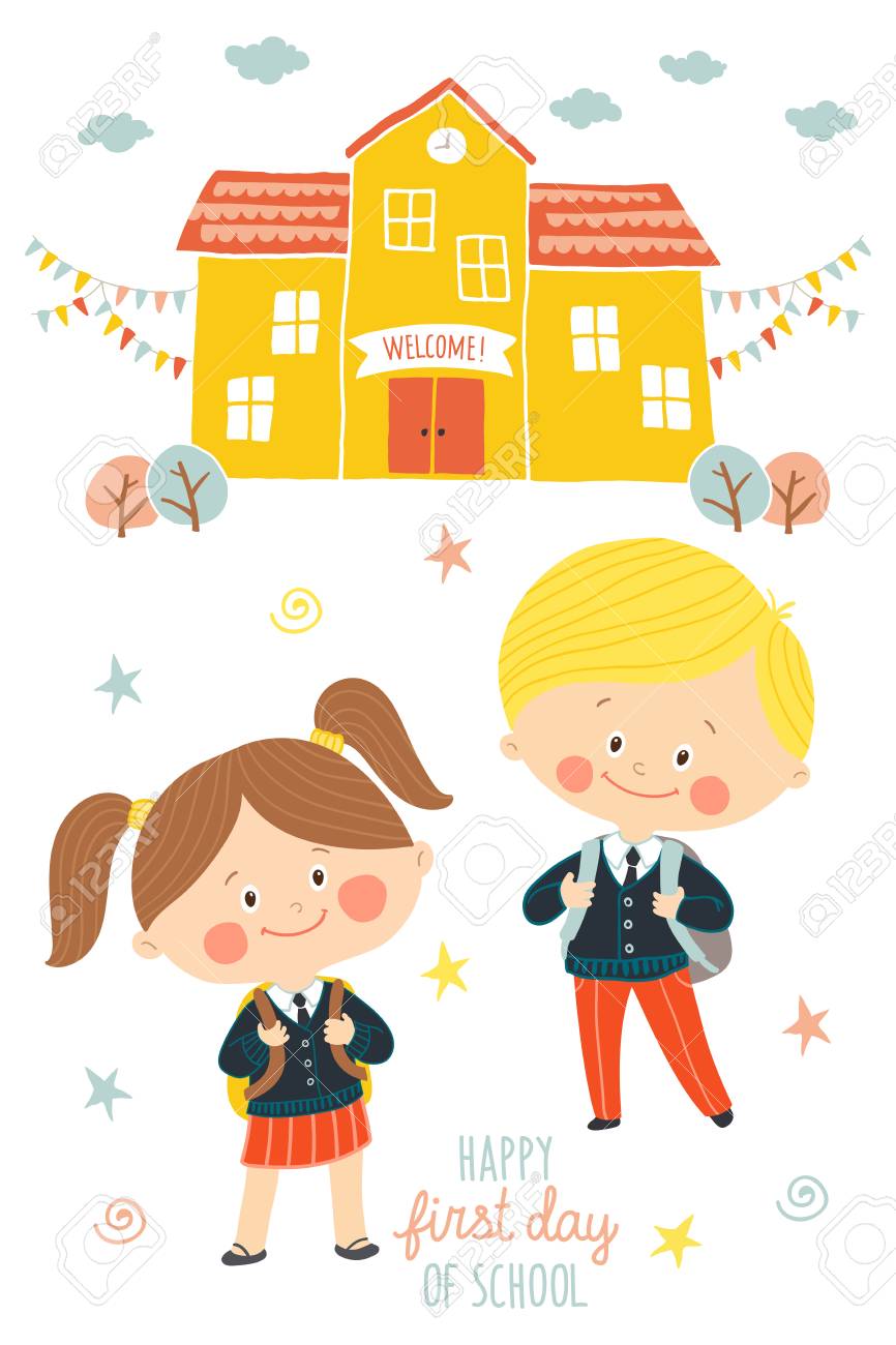 Happy First Day Of School Card Design Kids Going To School Smiling Boy And Girl In School Uniforms With Backpacks In Schoolyard School Building Exterior Cartoon Vector Illustration In Flat Style Royalty