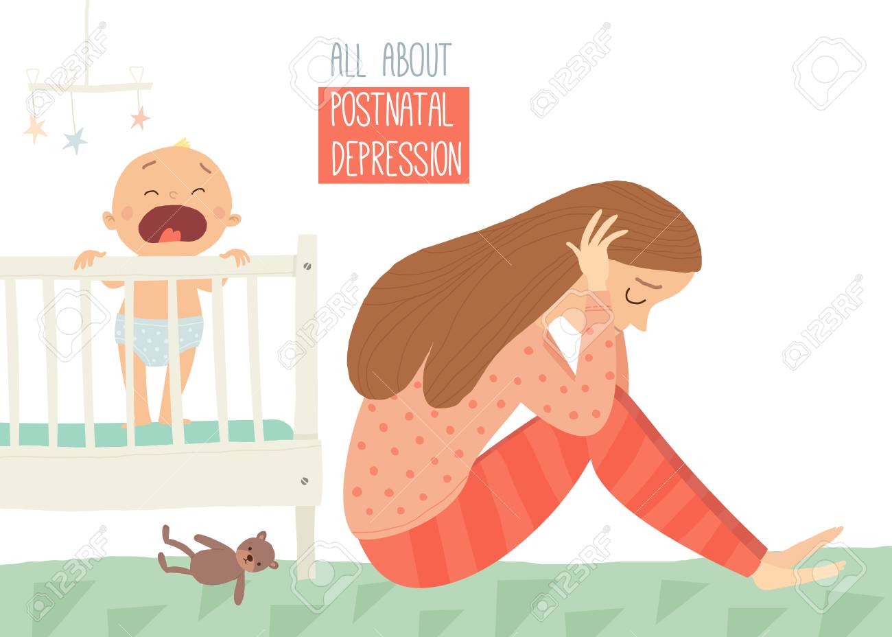 Postpartum depression. Postnatal depression. Baby s blues. Cartoon vector hand drawn eps 10 illustration isolated on white background - 109723550 Postpartum depression. Postnatal depression. Baby s blues. Cartoon vector hand drawn eps 10 illustration isolated on white background - 109723550