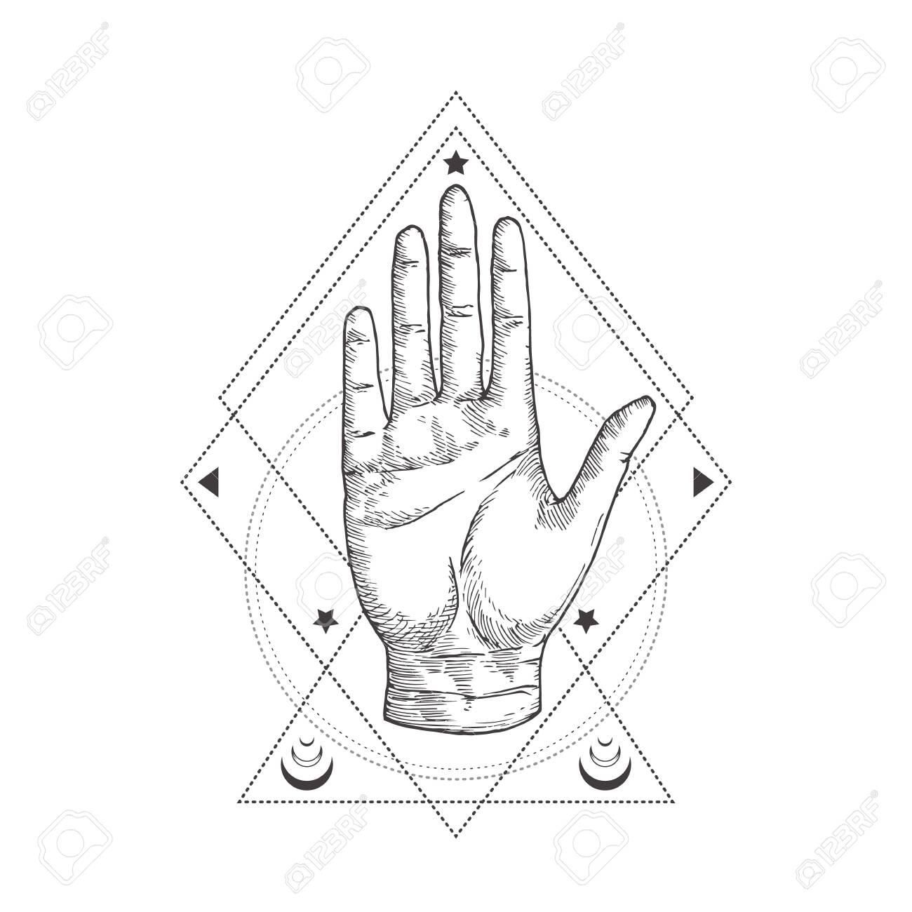 Abstract Occult Symbol Vintage Style Or Tattoo Template Hand Drawn Palm Hand Sketch Symbol And Geometric Palmistry Or Chiromancy Mystical Magic Ornaments And Signs Royalty Free Cliparts Vectors And Stock Illustration Image