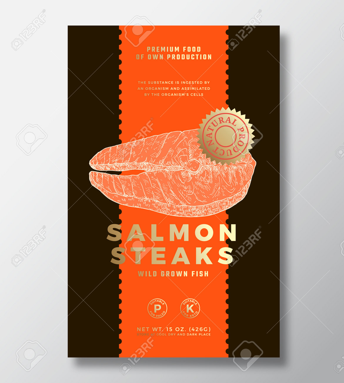 Plantilla de diseño de etiqueta de embalaje de vector abstracto de filetes de salmón salvaje. banner de tipografía moderna, silueta de boceto de filete de pescado dibujado a mano. diseño de fondo de papel de color con lámina de oro aislado - 191890680 Plantilla de diseño de etiqueta de embalaje de vector abstracto de filetes de salmón salvaje. banner de tipografía moderna, silueta de boceto de filete de pescado dibujado a mano. diseño de fondo de papel de color con lámina de oro aislado - 191890680