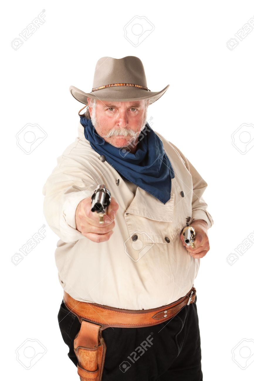 Big Cowboy Pointing Pistols On White Background Stock Photo Picture And Royalty Free Image Image
