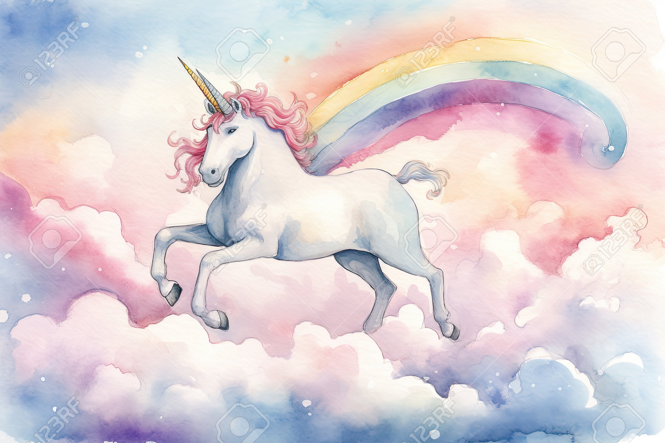 手描き水彩ユニコーンイラスト画像とPSDフリー素材透過の無料