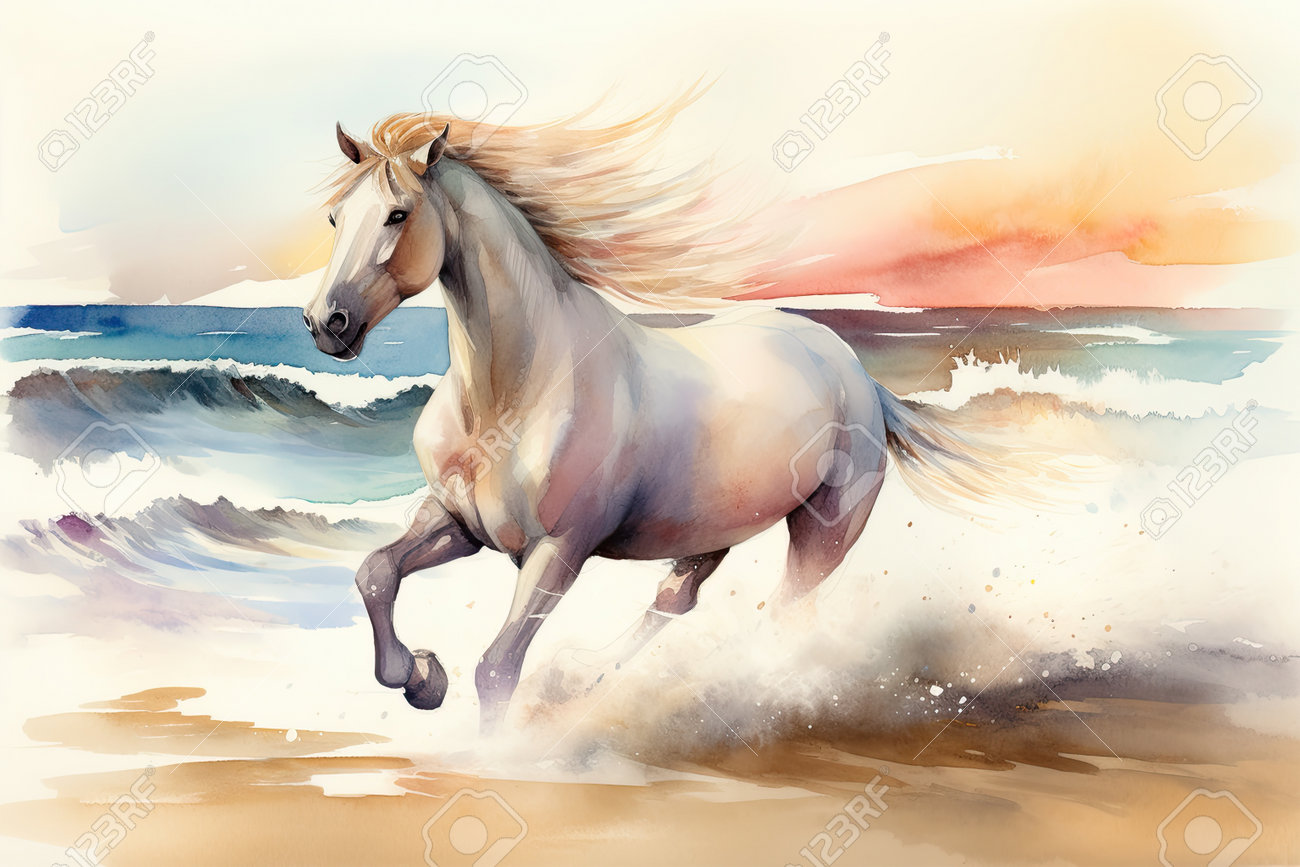 白い馬のパステル画 風に乗って浜辺を走る白い馬のイラスト