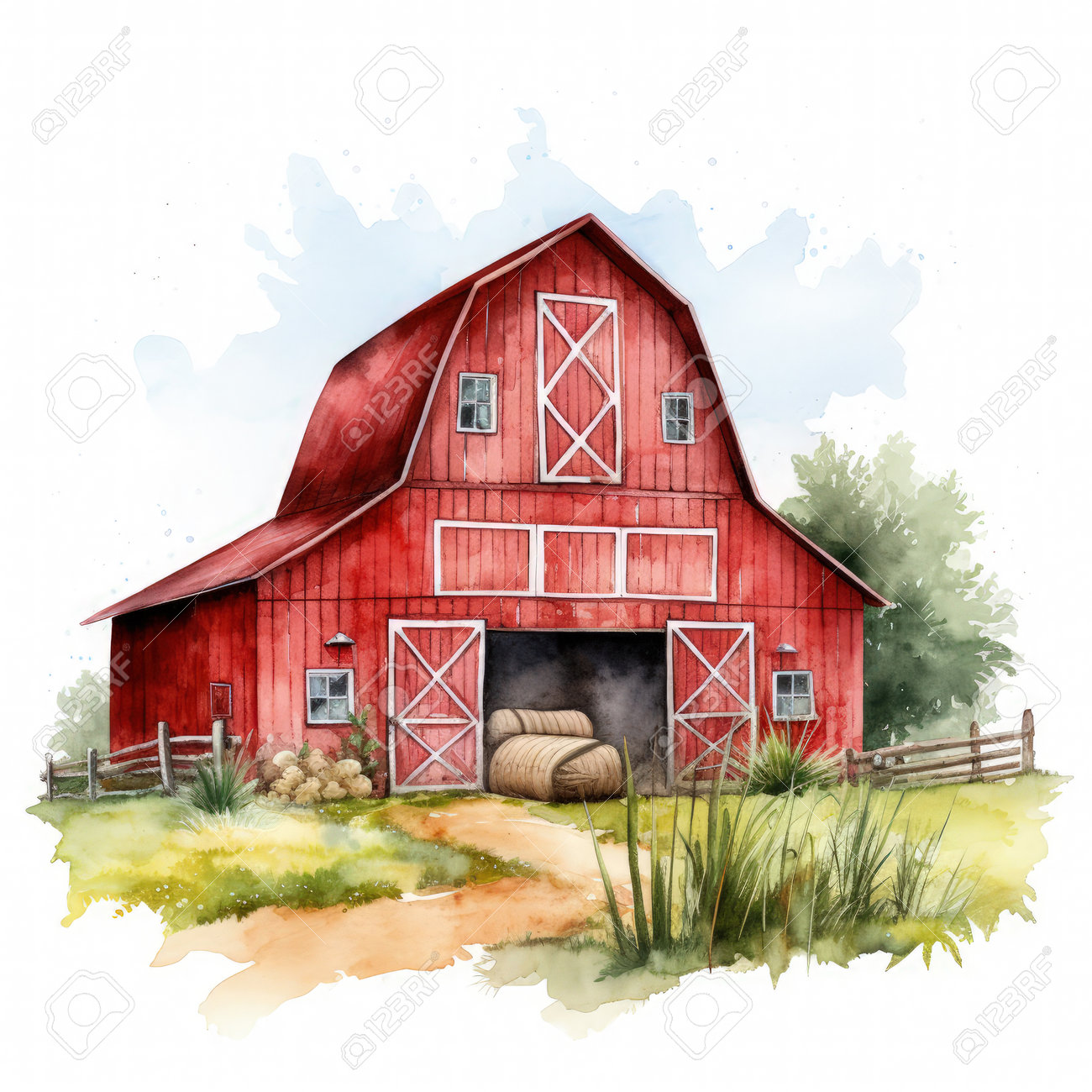 Watercolor Red Barn Illustration, Generative Ai Фотография, картинки,  изображения и сток-фотография без роялти. Image 211690016