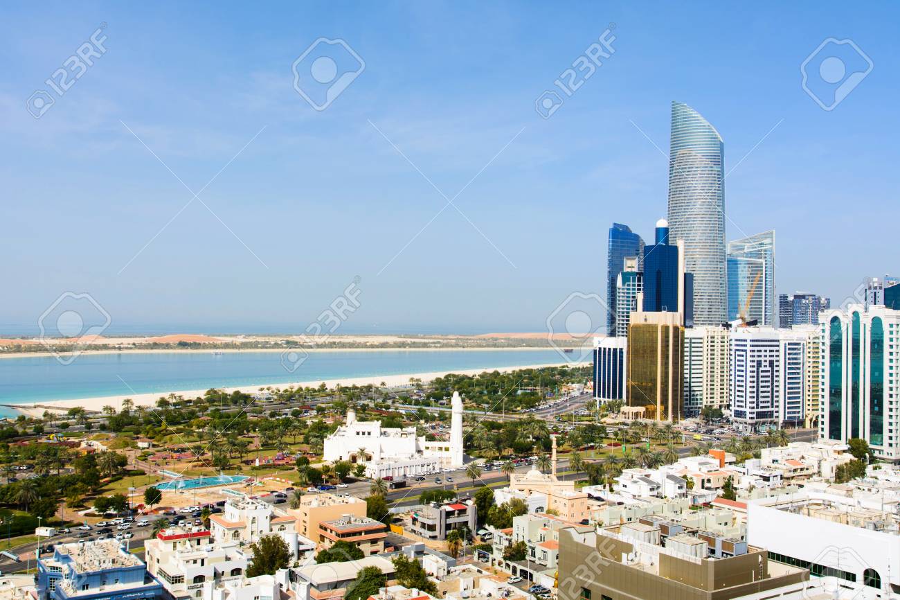 Aerial View Of Abu Dhabi City Central Area With Landmark View Of Modern Buildings And Corniche Beach Uae Stock Photo Picture And Royalty Free Image Image 94475999