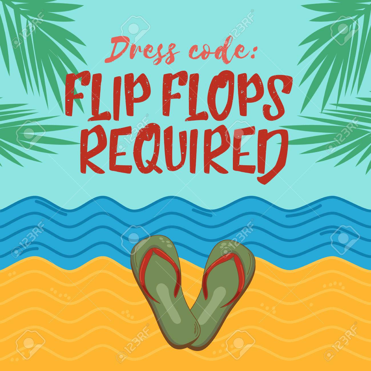 ドレスコードということわざを引用 必要なビーチ サンダルします ベクトル ビーチの背景に感動のイラスト 夏はトロピカルビーチ背景記号の挨拶します ビーチ ハウス バーやビーチ パーティーのための文字とポスター のイラスト素材 ベクタ Image