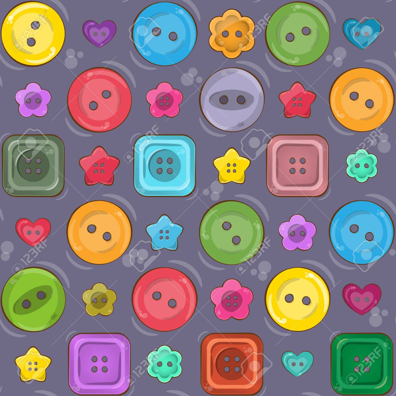 かわいい明るいカラフルなベクトルのボタンとシームレスなパターンをベクトル 鮮やかなパレット さまざまな形の丸 四角 ハート 花 星型のボタン の イラスト素材 ベクタ Image