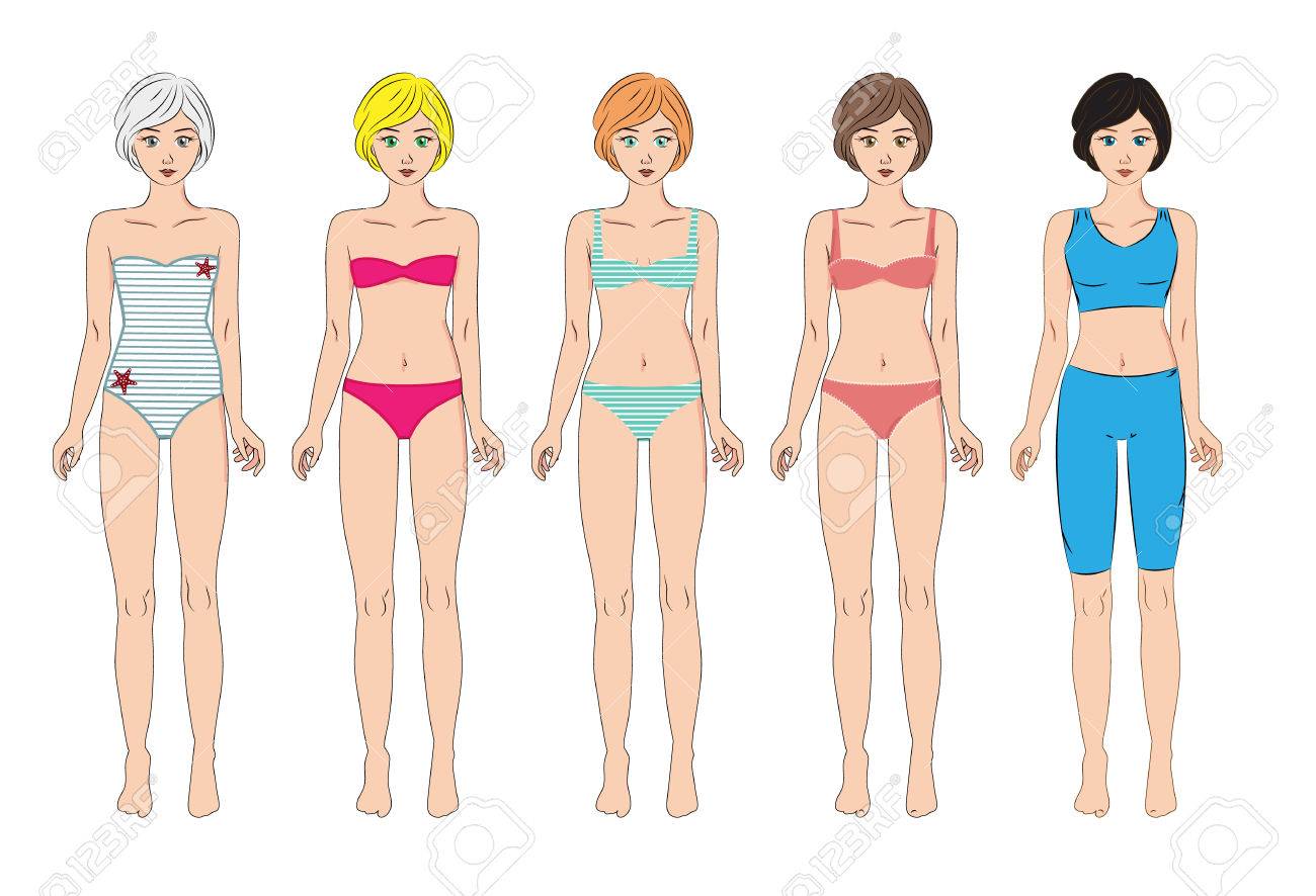 各種水着 スポーツウェア 下着 5 女性のベクトルを設定します 完全なボディ フロント 分離に白を立っています 良い形で女性の身体 医学や美容のインフォ グラフィックとデザインのための図 かわいい漫画のスタイル のイラスト素材 ベクタ Image