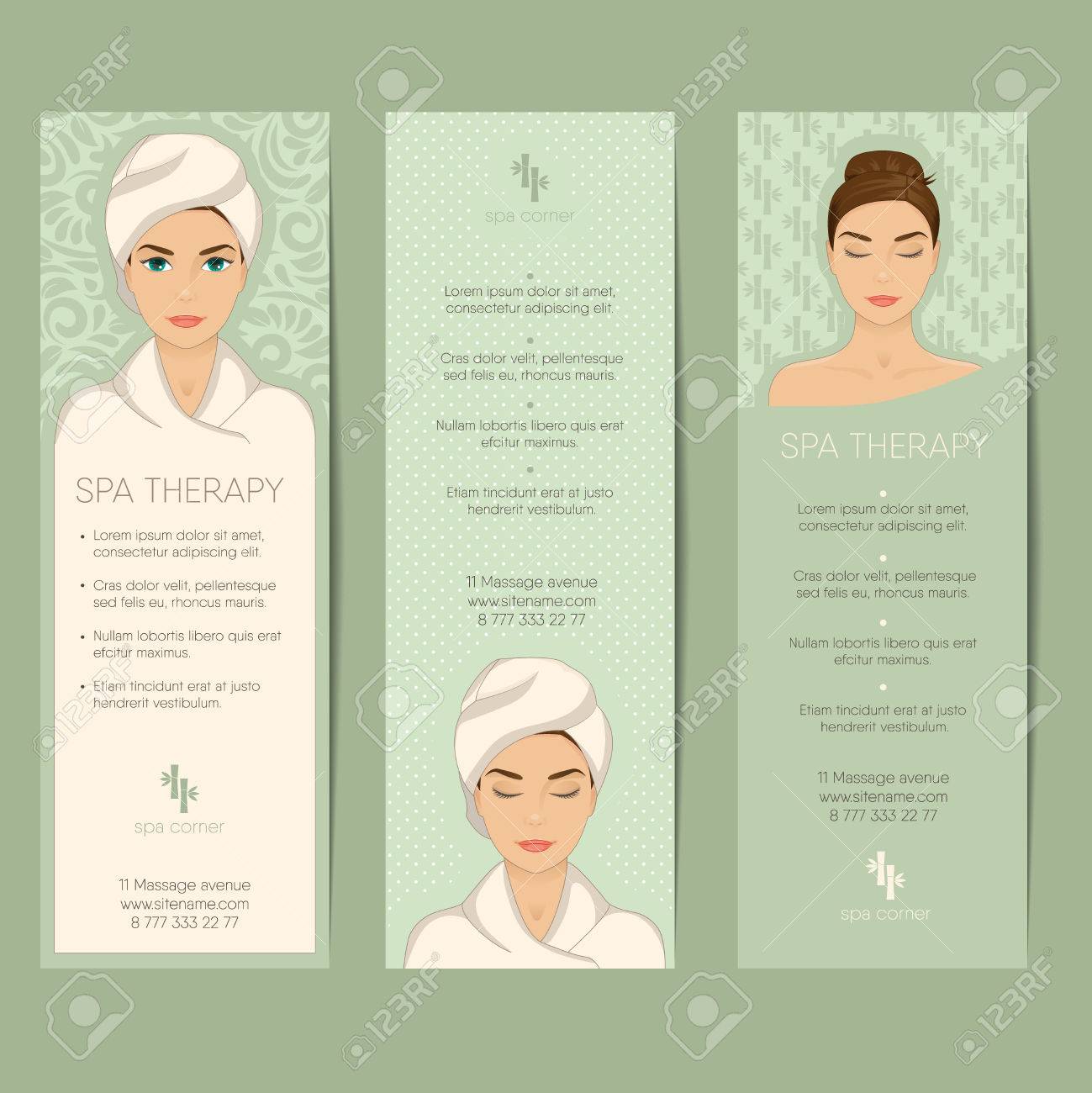 Satz Von Vertikalen Banner Flyer Oder Coupon Vorlagen Korper Und Schonheitspflege Massage Entspannung Und Wellness Therapie Konzept Mit Portrait Der Schonen Madchen Im Bademantel Handtuch Auf Dem Kopf Vektor Mit Der Organisierten Schichten