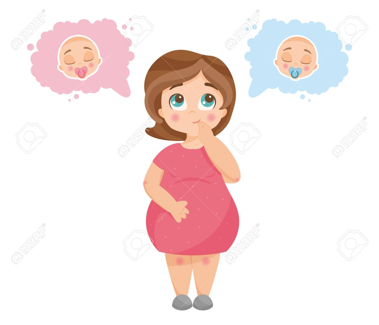 Vector Illustration Of Cute Young Pregnant Woman Wondering About Her Future Baby Gender Ita S A Boy Or Girl Quiz Expecting Woman Standing And Thinking Newborn Boy And Girl In Thought Bubbles Royalty