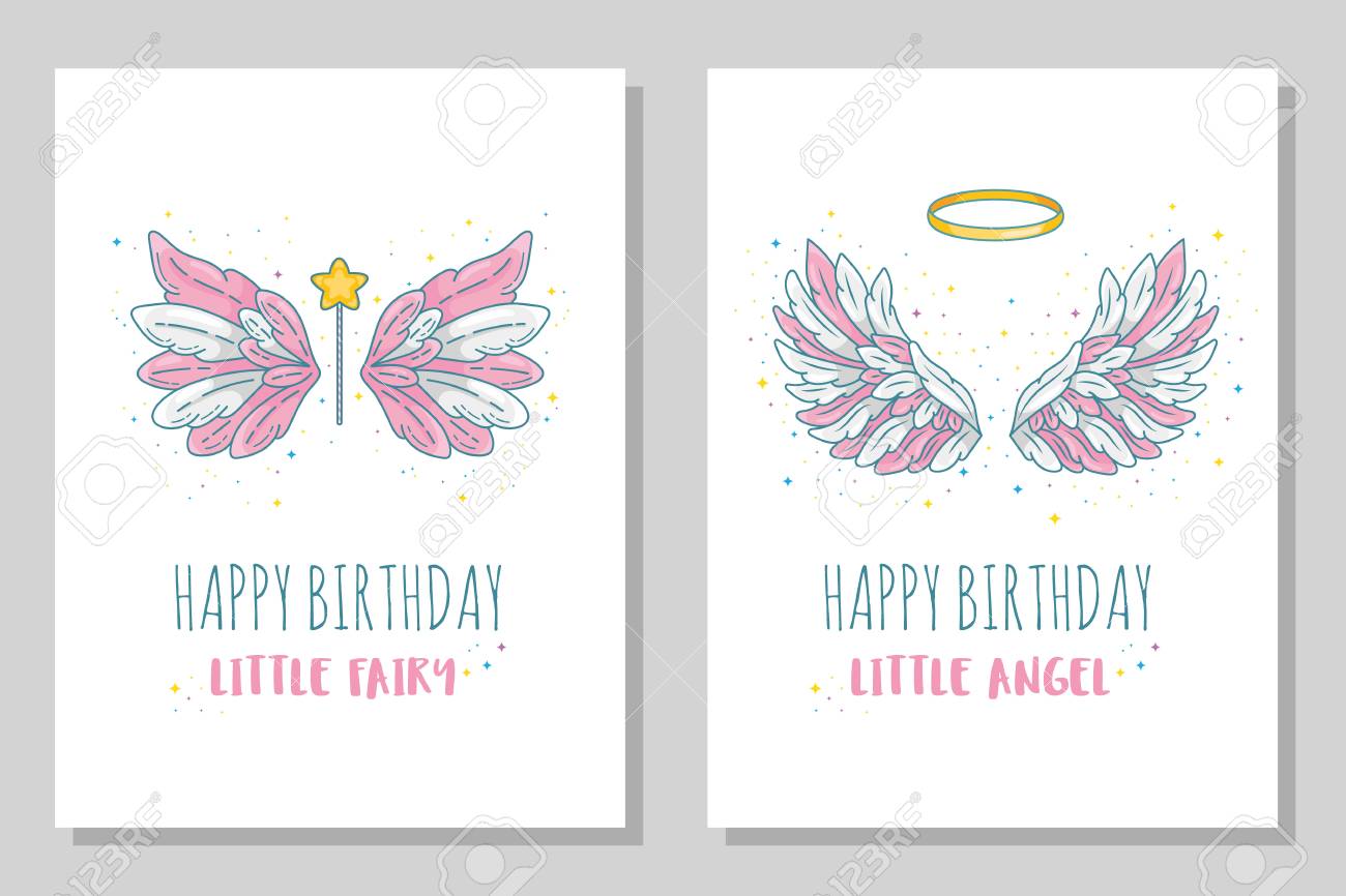 Happy Birthday Little Fairy And Angel Card Templates. Wide Spread Wings  With Golden Halo And Magic Wand. Contour Drawing In Modern Line Style With  Volume. Vector Illustration Isolated On White. Royalty Free, image size:1300x866
