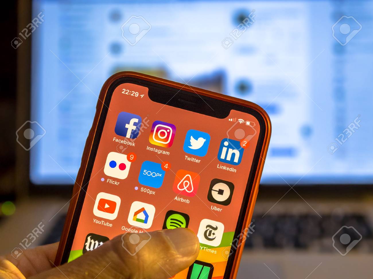 New York Usa November 7 17 Social Media App Icons On New Smartphone Display Close Up Around Other Iphone Applications With Laptop In Background Stock Photo Picture And Royalty Free Image Image 9406