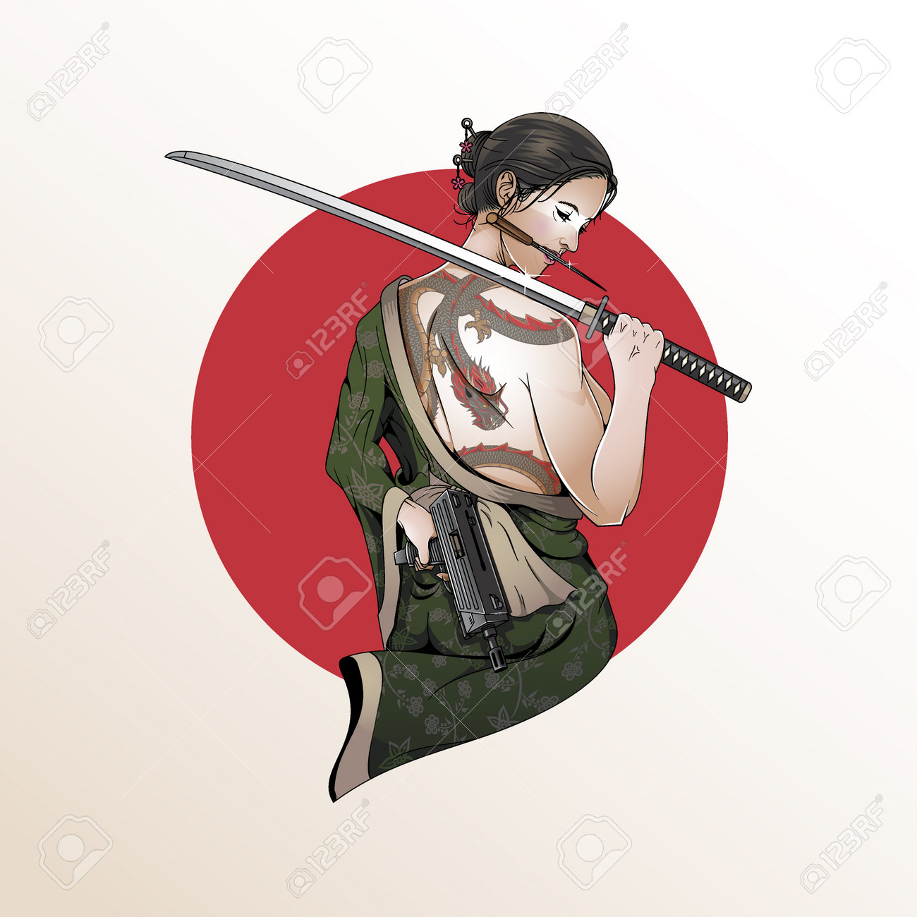 ヤクザ女 ヤクザの女の子が日本の武士の刀と短機関銃のベクターイラストを持ってピンアップ。ポスター、グラフィックTシャツ、商品のグラフィックプリント、またはその他の関連に適していますのイラスト素材・ベクター  Image 193143245
