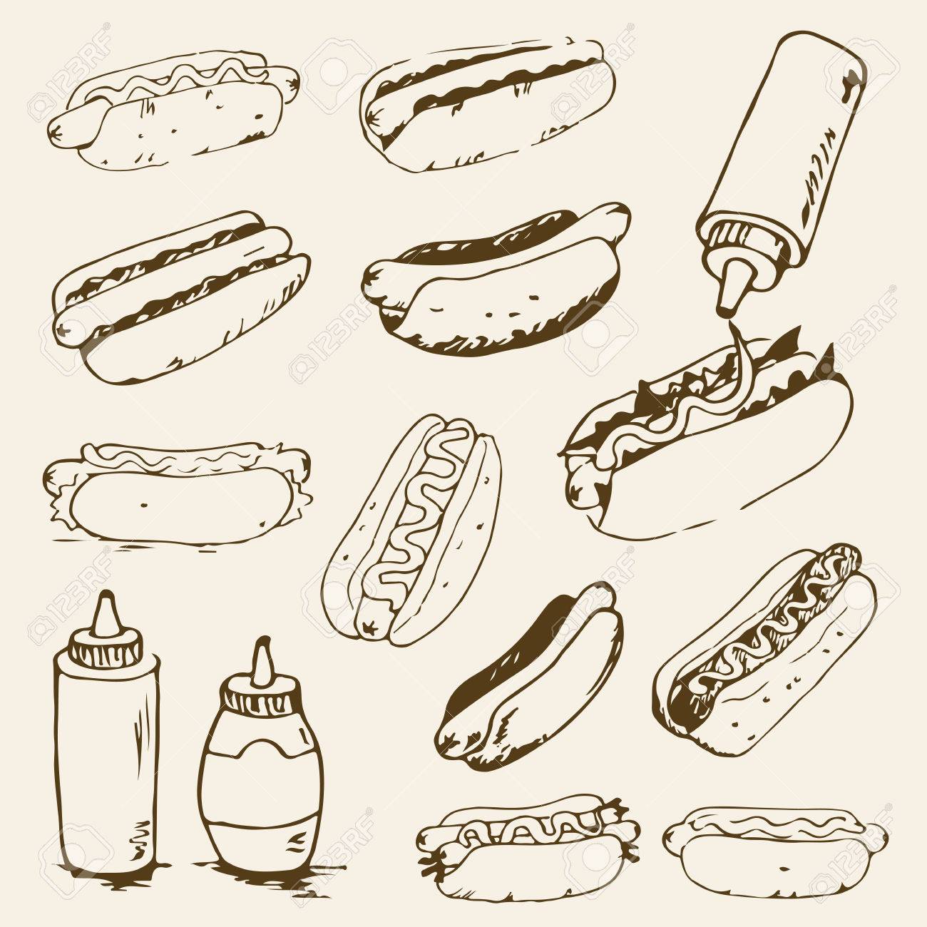 Hot Dog Hand Drawn Set Of Illustrations Fast Food Design Elements Sketches Of Hotdogs With Sauce Mayonnaise And Vegetables Monochrome Eps8 Vector Graphics Royalty Free Cliparts Vectors And Stock Illustration Image