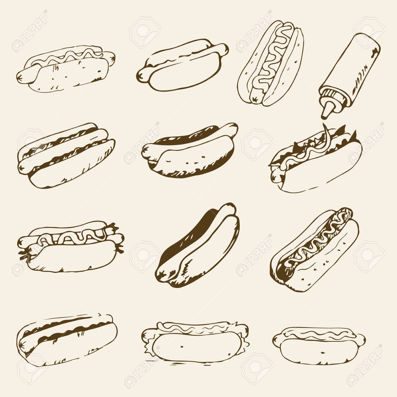 ホットドッグのイラストの描かれたセットを手します ファスト フード デザイン要素 ソース マヨネーズと野菜ホットドッグのスケッチです モノクロ Eps8 ベクトル グラフィックス のイラスト素材 ベクタ Image