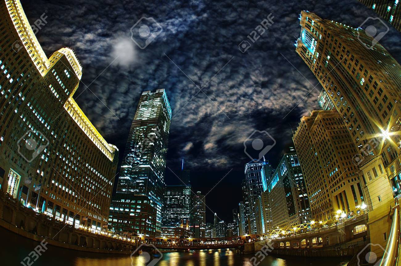 Chicago Architecture At Night majestic chicago - windy city riverfront at night stock photo Chicago Architecture At Night majestic chicago - windy city riverfront at night stock photo