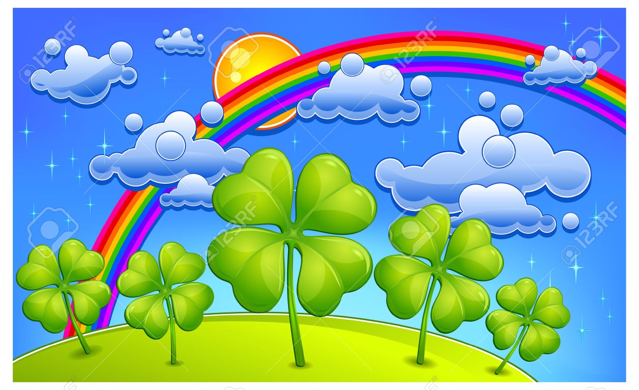 Ilustracion Para El Dia De San Patricio De Vectores De Treboles Bajo El Arco Iris Paisaje De Dibujos Animados Ilustraciones Vectoriales Clip Art Vectorizado Libre De Derechos Image