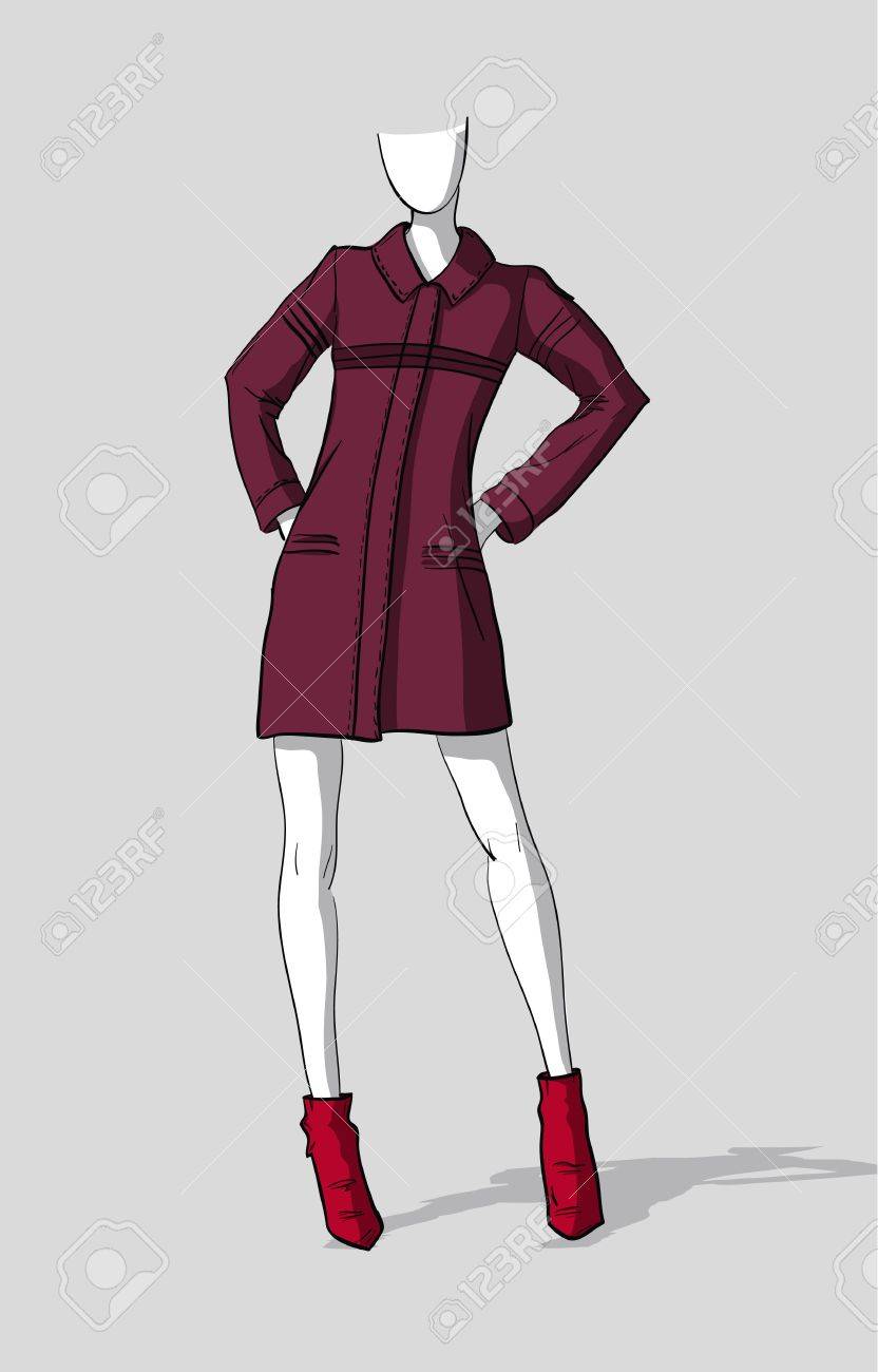 ワインの赤い短い秋コートの女のイラスト素材 ベクタ Image