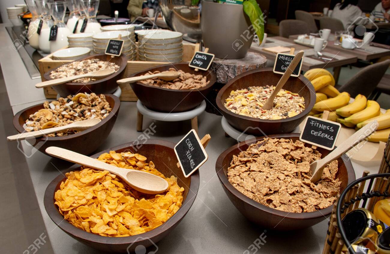 Selection Of Self Service Catering Continental Breakfast Buffet Display,  Catering Or Brunch Table Food Buffet Filled With All Sorts Of Delicious  Food, Cereal Display In A Hotel Or Restaurant Setting Stock Photo,, image size:1300x847