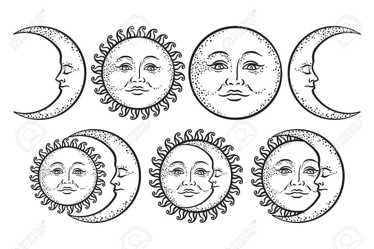 boho flash tattoo design hand drawn art sun and crescent moon