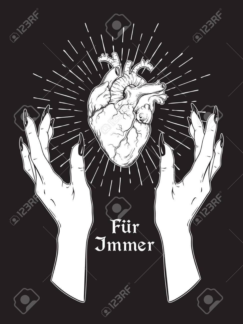 分離された優雅な女性の手で人間の心 ステッカー 印刷またはブラックワーク タトゥー手描きのベクター イラストです ドイツ語の碑文 永遠に のイラスト素材 ベクタ Image