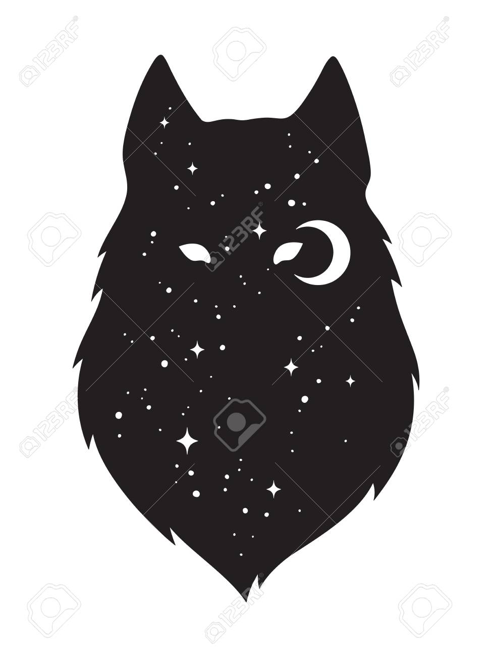 三日月と星の分離と狼のシルエット ステッカー 黒い作業 印刷または