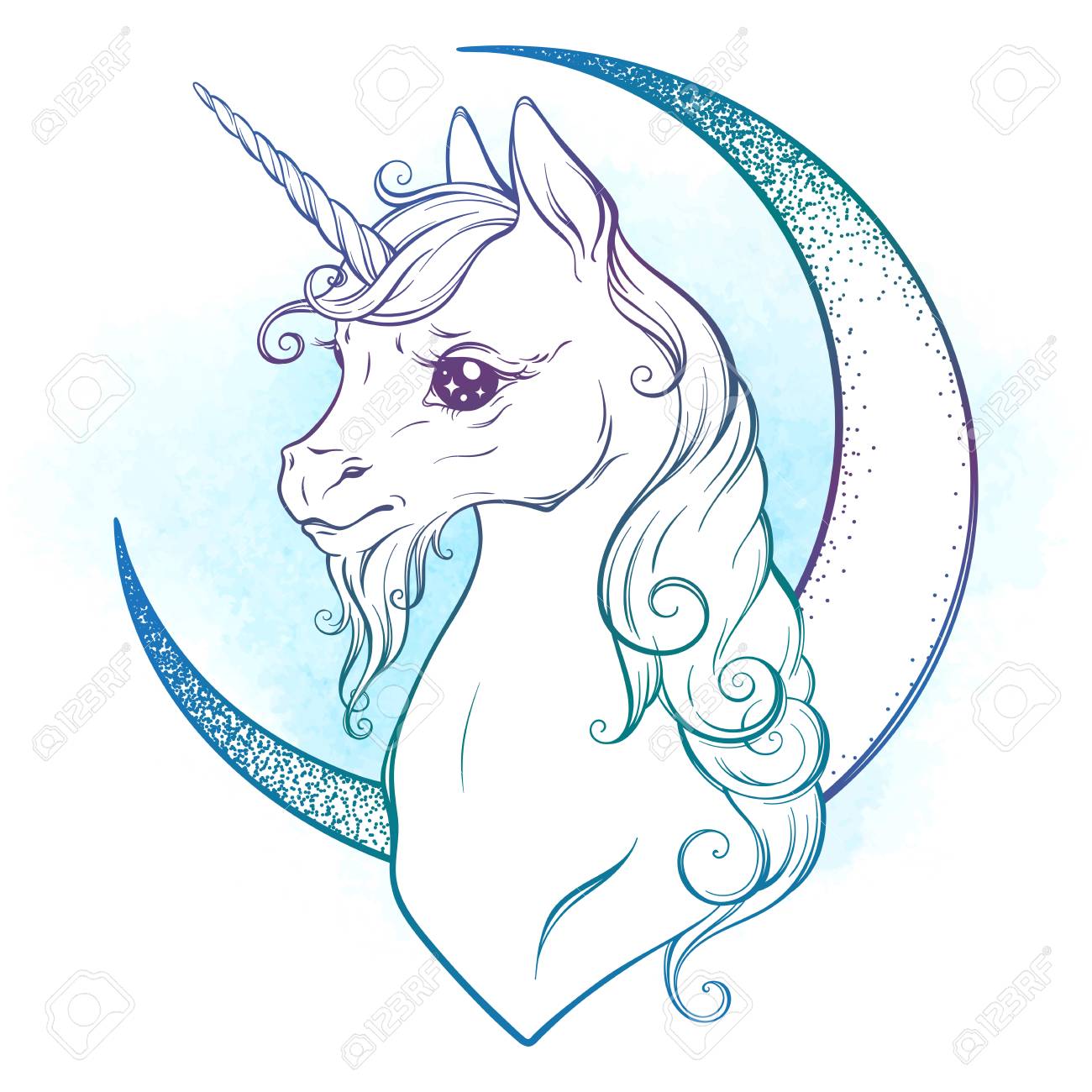 Petite Licorne Et Croissant De Lune Dans Des Couleurs Pastel Isolés.  Autocollant, Impression Ou Tatouage Illustration Vectorielle De Conception.  Clip Art Libres De Droits , Vecteurs Et Illustration. Image 91212710.
