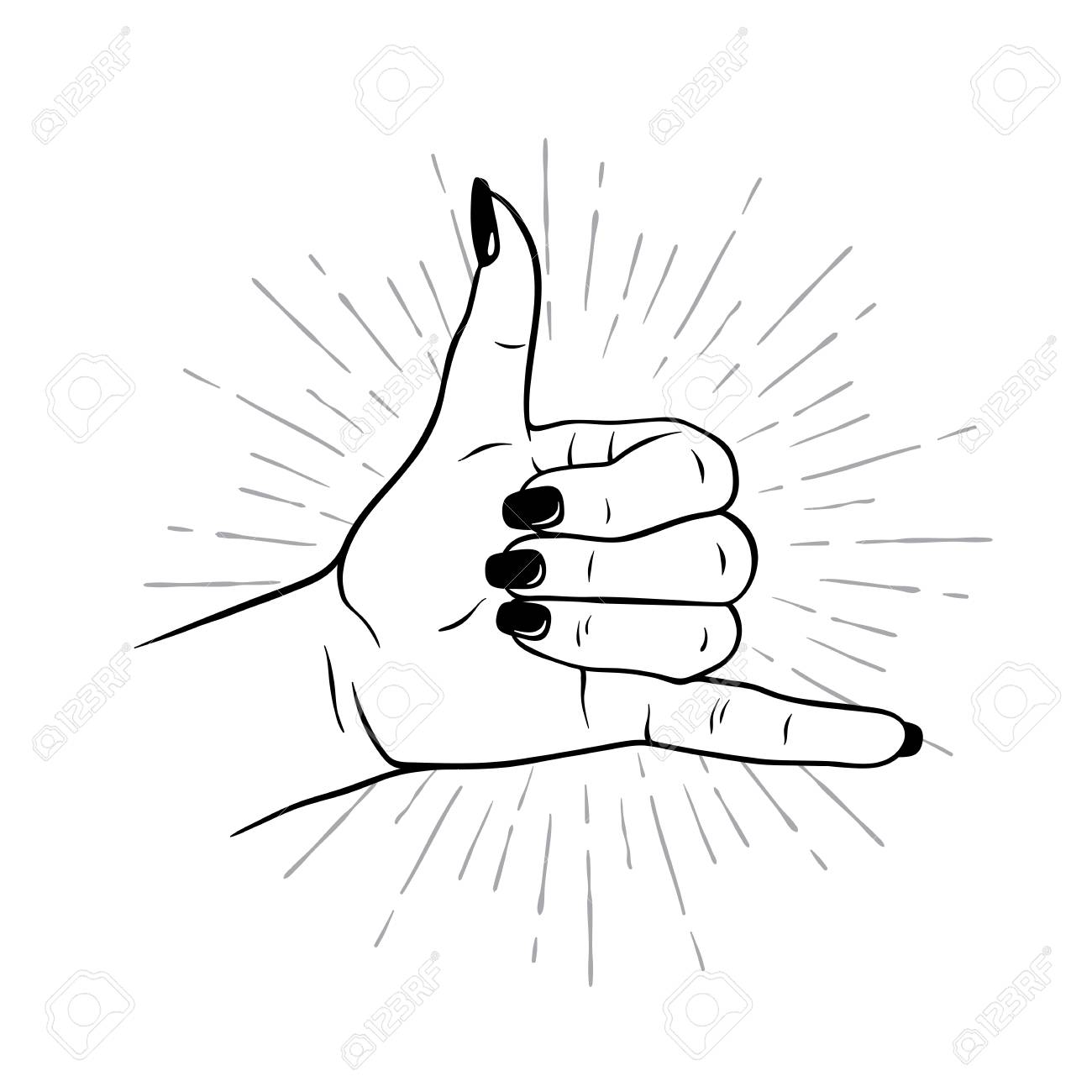 hand drawn female hand in shaka gesture flash tattoo blackwork